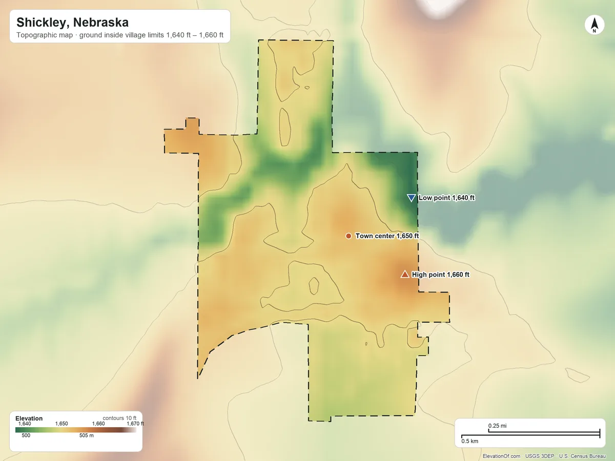 Topographic elevation map of Shickley, Nebraska, shaded from 1,640 ft on the northeast side to 1,660 ft on the southeast side