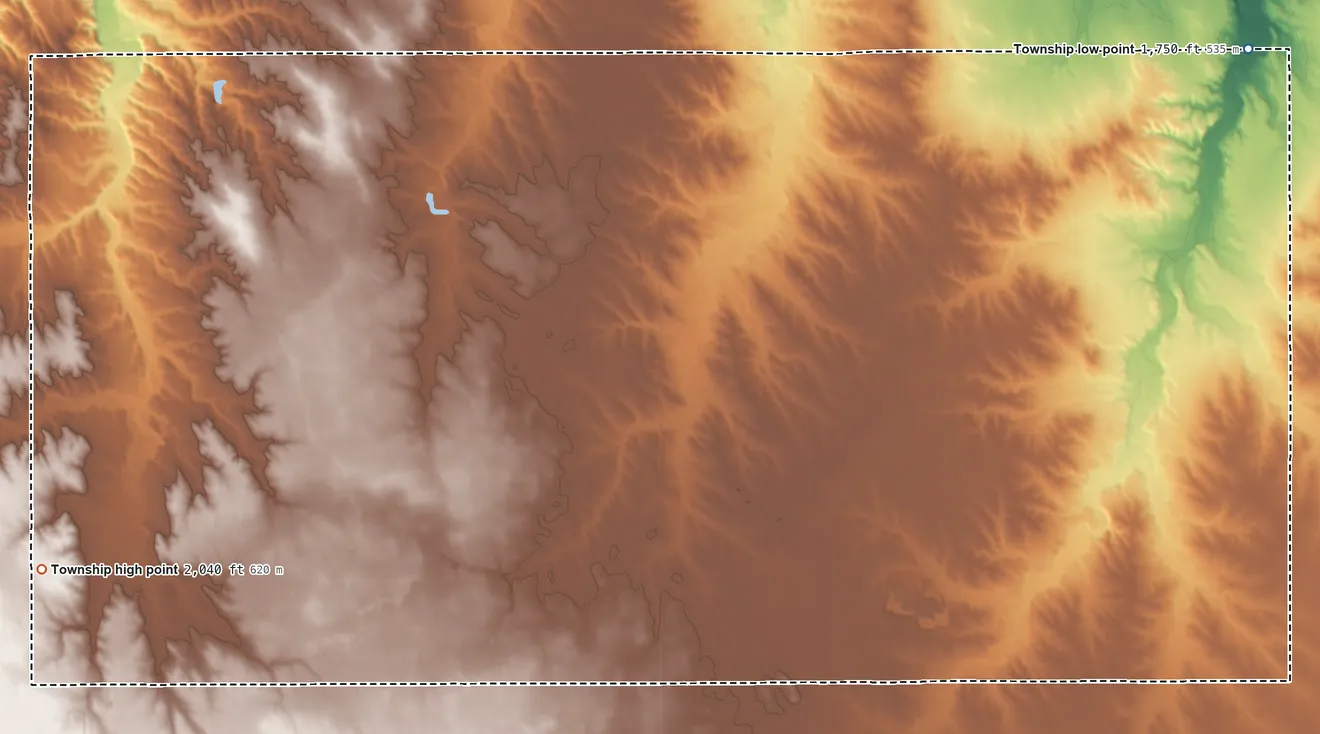 Topographic elevation map of Shields Township, Nebraska, shaded from 1,750 ft on the northeast side to 2,040 ft on the west side