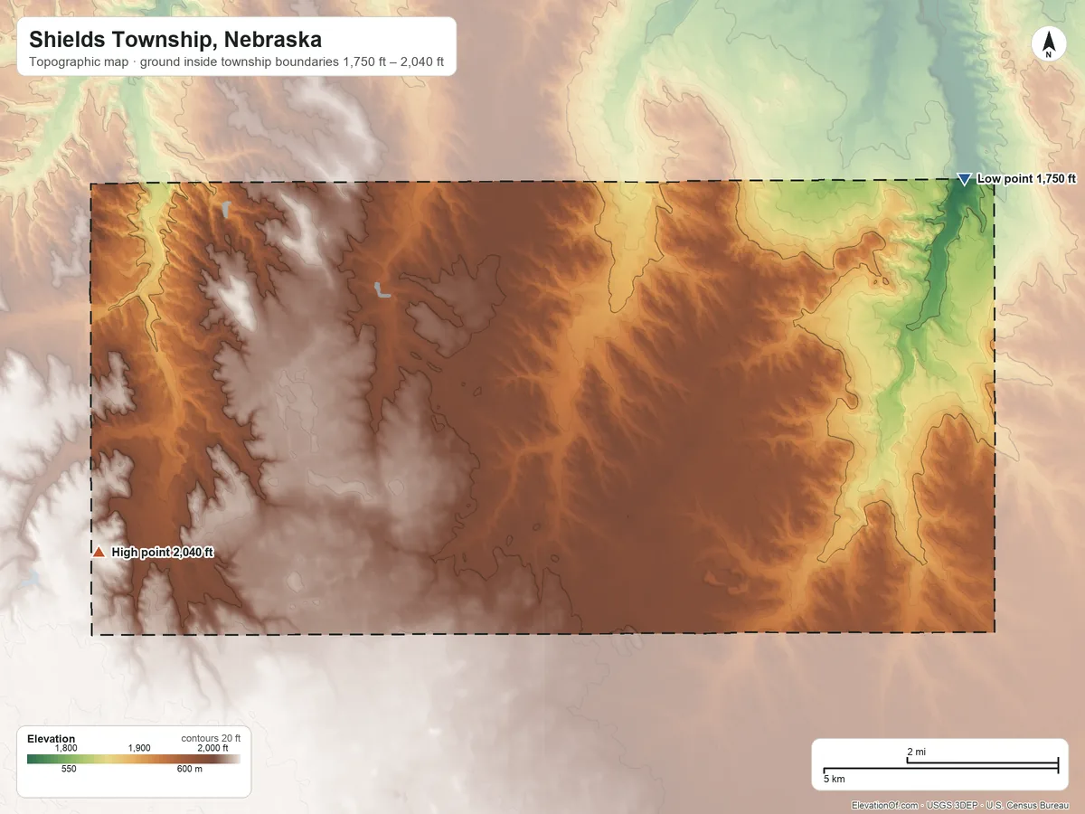 Topographic elevation map of Shields Township, Nebraska, shaded from 1,750 ft on the northeast side to 2,040 ft on the west side