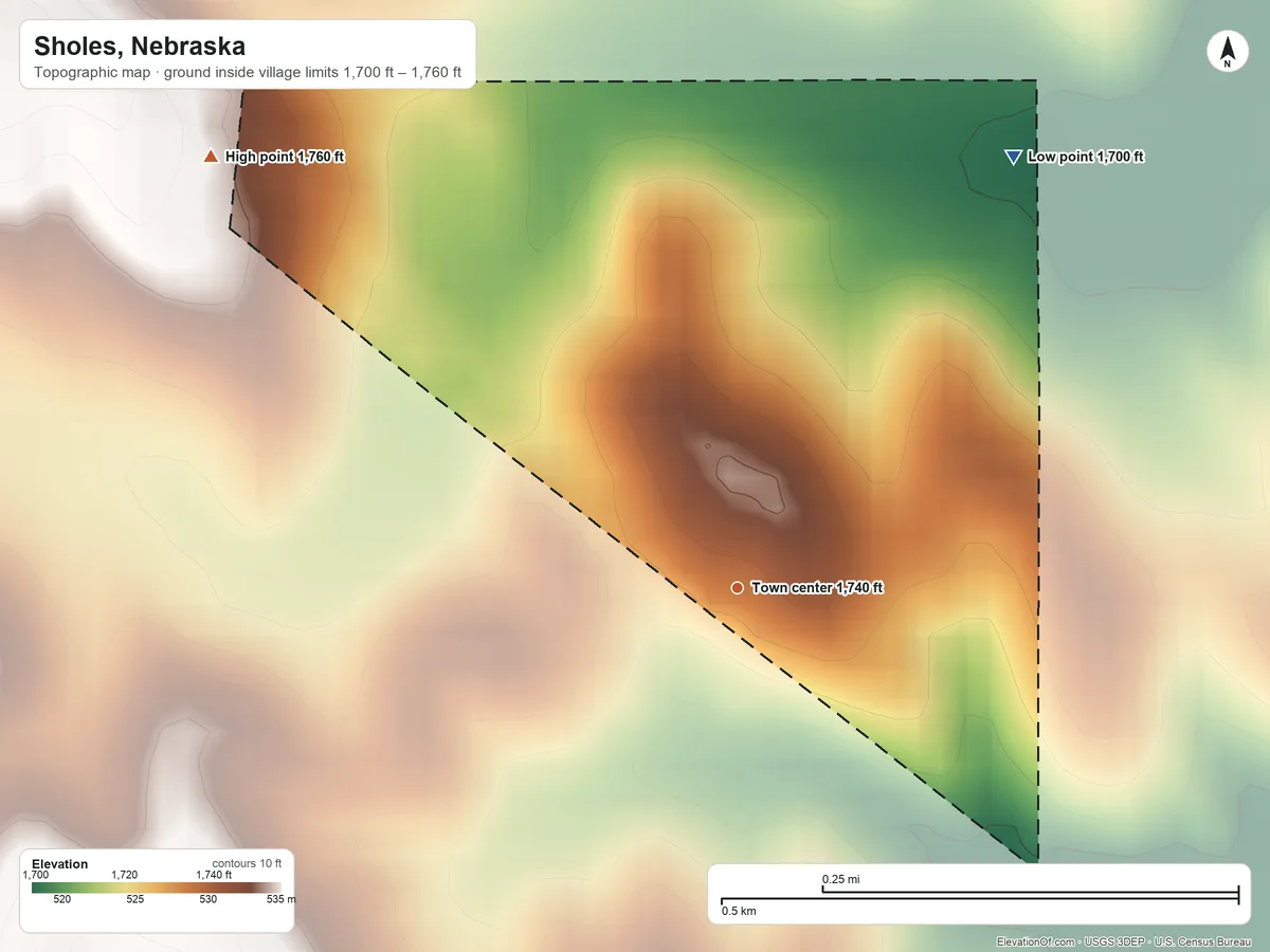 Topographic elevation map of Sholes, Nebraska, shaded from 1,700 ft on the northeast side to 1,760 ft on the northwest side