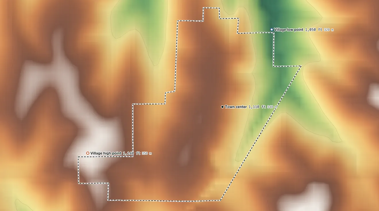 Topographic elevation map of Shubert, Nebraska, shaded from 1,050 ft on the northeast side to 1,140 ft on the west side