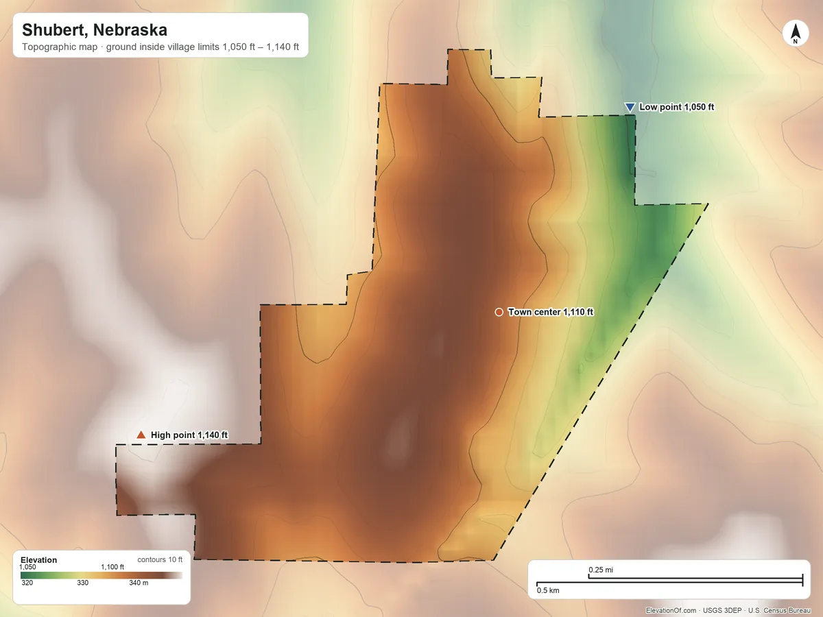 Topographic elevation map of Shubert, Nebraska, shaded from 1,050 ft on the northeast side to 1,140 ft on the west side
