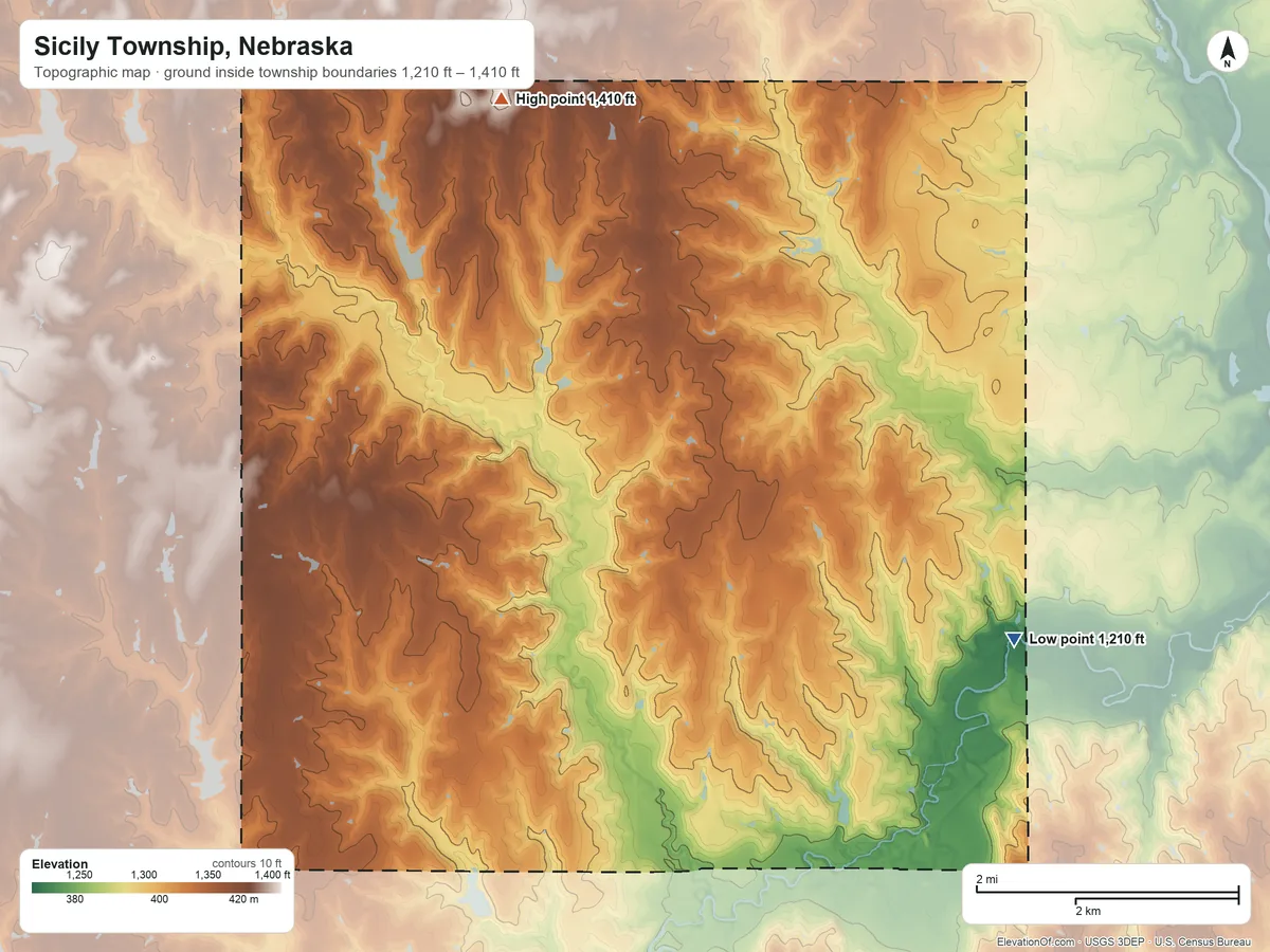 Topographic elevation map of Sicily Township, Nebraska, shaded from 1,210 ft on the east side to 1,410 ft on the northwest side