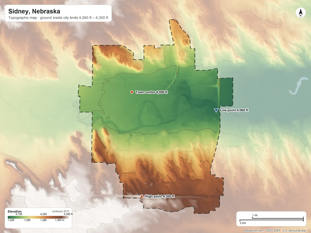 Topographic elevation map of Sidney, Nebraska, shaded from 4,060 ft on the east side to 4,300 ft on the south side