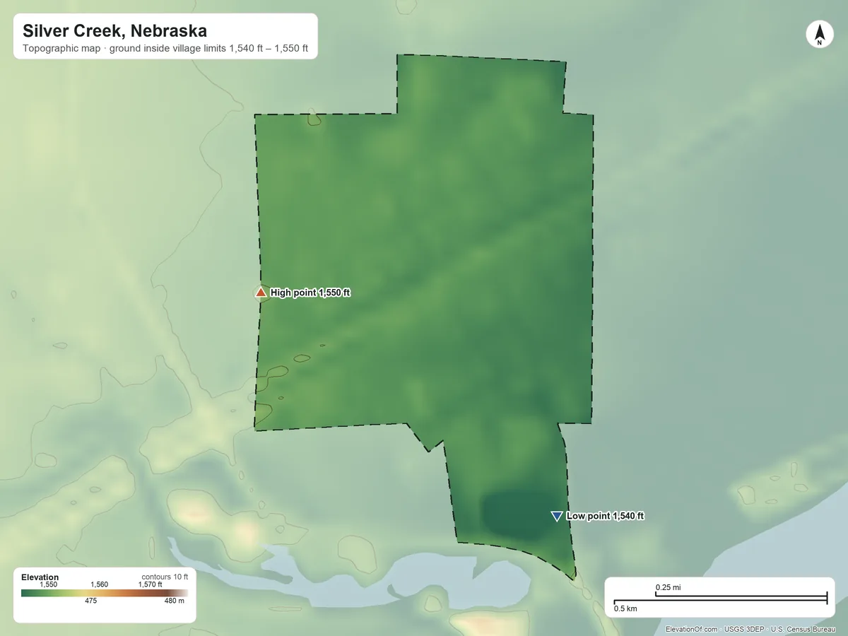 Topographic elevation map of Silver Creek, Nebraska, shaded from 1,540 ft on the south side to 1,550 ft on the west side
