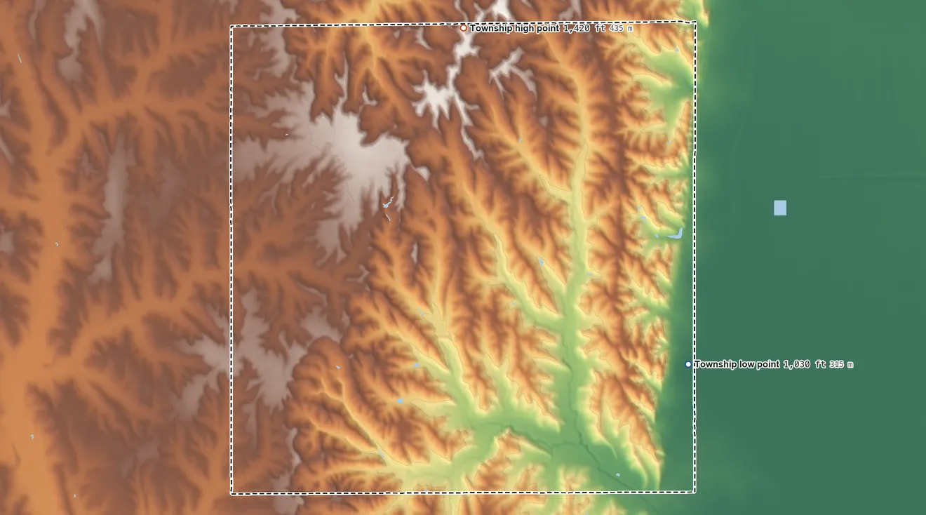 Topographic elevation map of Silver Creek Township, Burt County, Nebraska, shaded from 1,030 ft on the east side to 1,420 ft on the north side