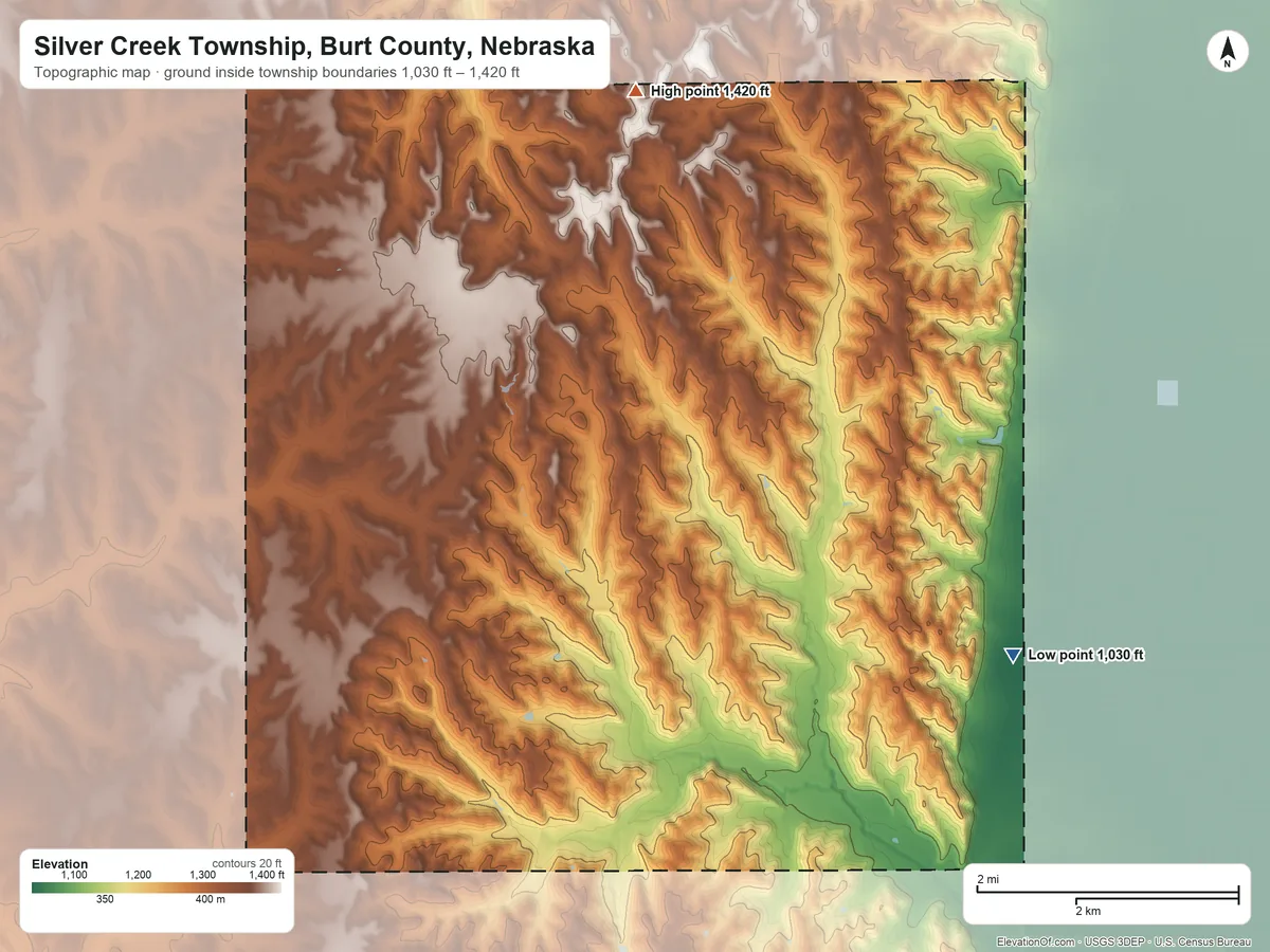 Topographic elevation map of Silver Creek Township, Burt County, Nebraska, shaded from 1,030 ft on the east side to 1,420 ft on the north side