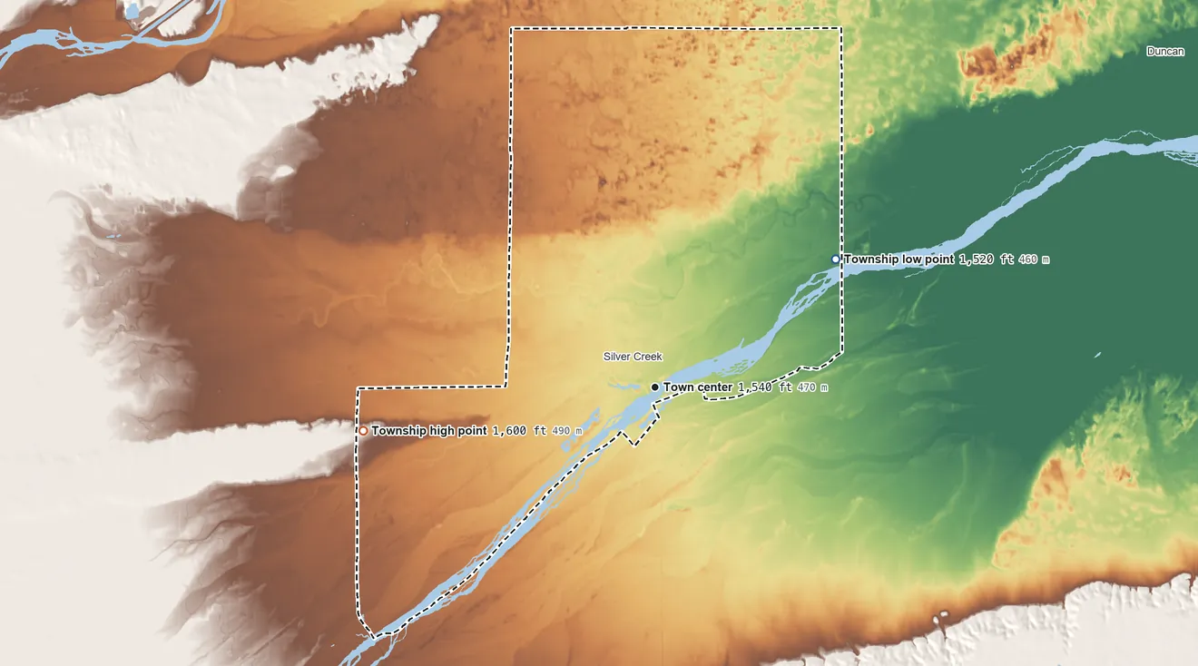 Topographic elevation map of Silver Creek Township, Nebraska, shaded from 1,520 ft on the northeast side to 1,600 ft on the west side