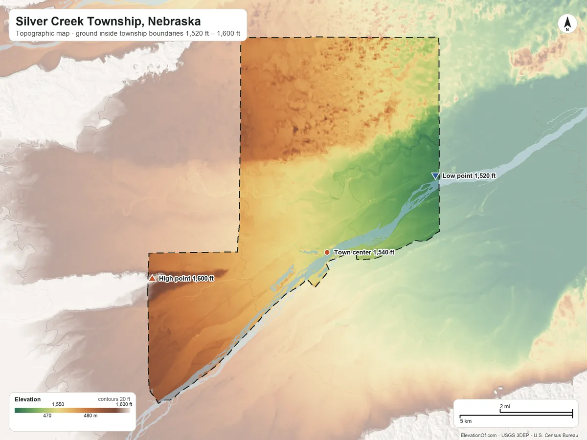 Topographic elevation map of Silver Creek Township, Nebraska, shaded from 1,520 ft on the northeast side to 1,600 ft on the west side