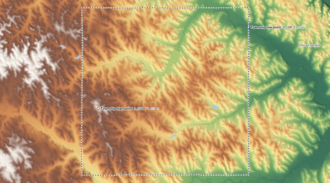 Topographic elevation map of Silvercreek Township, Nebraska, shaded from 1,180 ft on the northeast side to 1,560 ft on the west side
