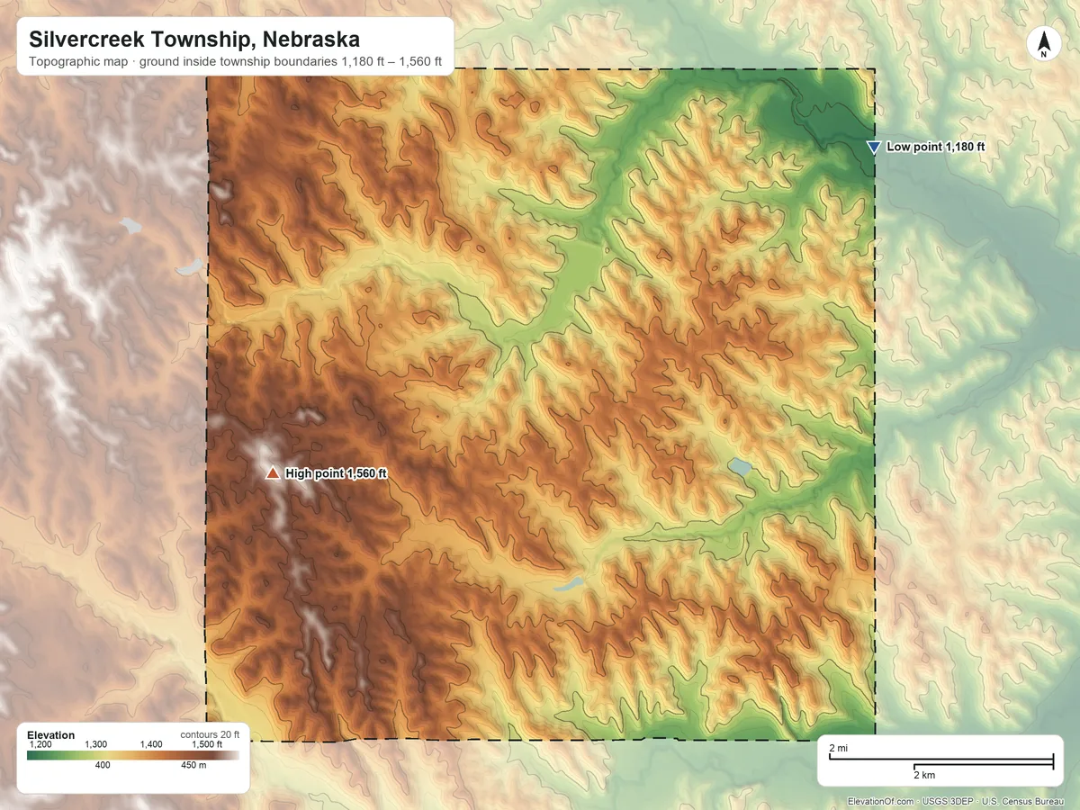 Topographic elevation map of Silvercreek Township, Nebraska, shaded from 1,180 ft on the northeast side to 1,560 ft on the west side