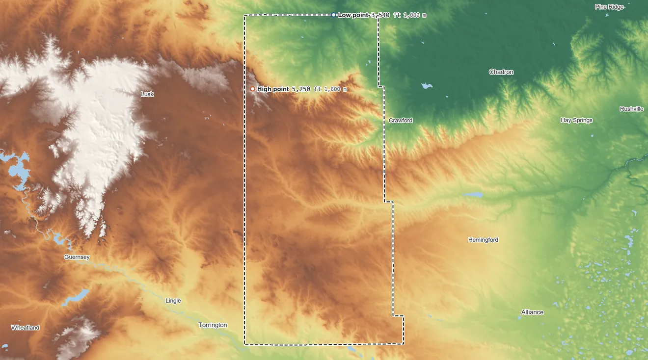 Topographic elevation map of Sioux County, Nebraska, shaded from 3,540 ft on the north side to 5,250 ft on the northwest side
