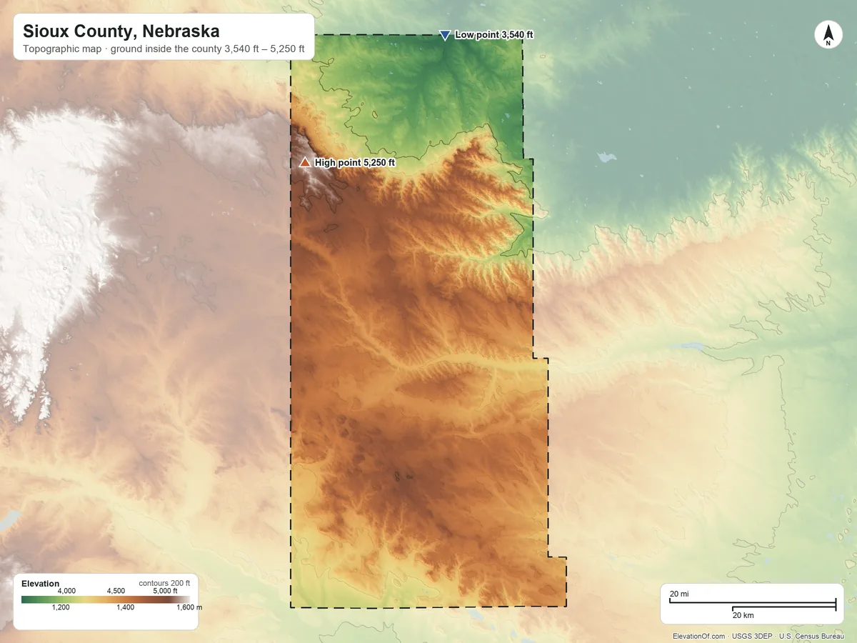 Topographic elevation map of Sioux County, Nebraska, shaded from 3,540 ft on the north side to 5,250 ft on the northwest side