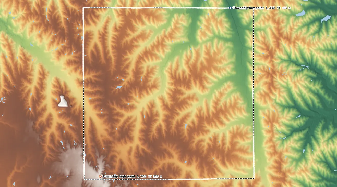 Topographic elevation map of Skull Creek Township, Nebraska, shaded from 1,430 ft on the northeast side to 1,700 ft on the southwest side