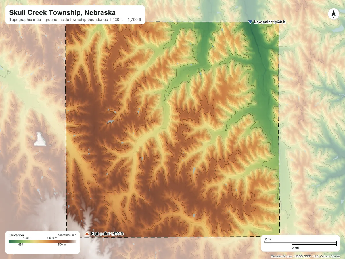 Topographic elevation map of Skull Creek Township, Nebraska, shaded from 1,430 ft on the northeast side to 1,700 ft on the southwest side