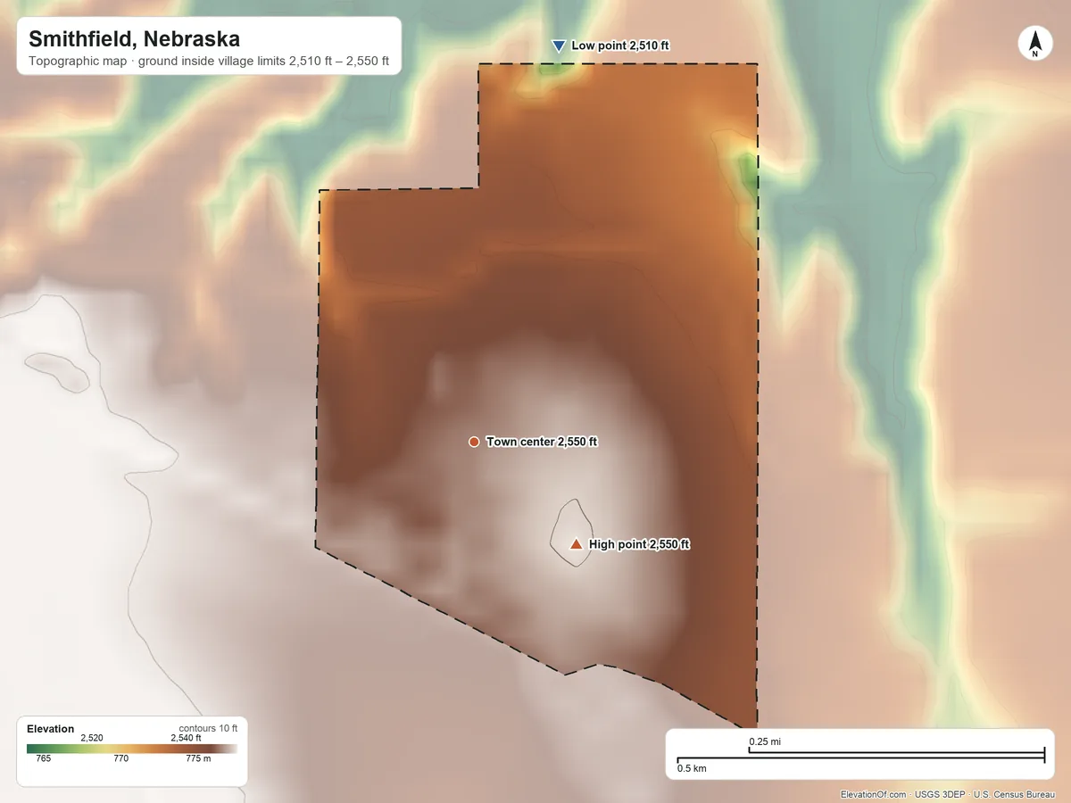 Topographic elevation map of Smithfield, Nebraska, shaded from 2,510 ft on the north side to 2,550 ft on the southeast side