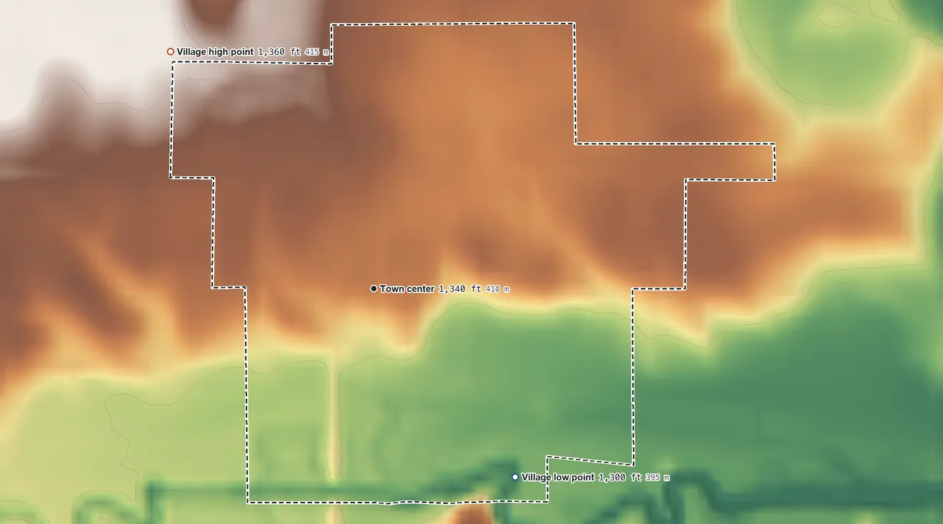 Topographic elevation map of Snyder, Nebraska, shaded from 1,300 ft on the southeast side to 1,360 ft on the northwest side