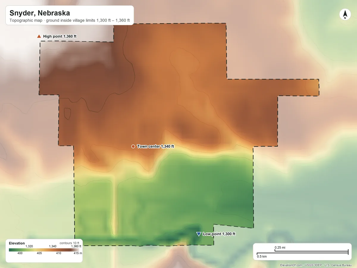 Topographic elevation map of Snyder, Nebraska, shaded from 1,300 ft on the southeast side to 1,360 ft on the northwest side