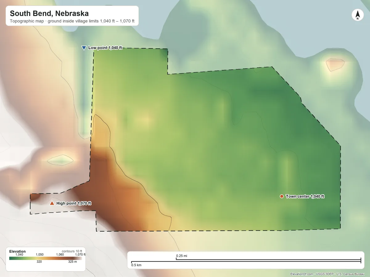 Topographic elevation map of South Bend, Nebraska, shaded from 1,040 ft on the northwest side to 1,070 ft on the west side