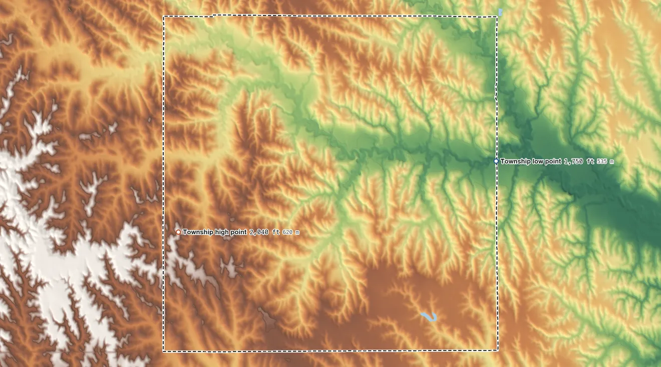 Topographic elevation map of South Branch Township, Nebraska, shaded from 1,750 ft on the east side to 2,040 ft on the southwest side