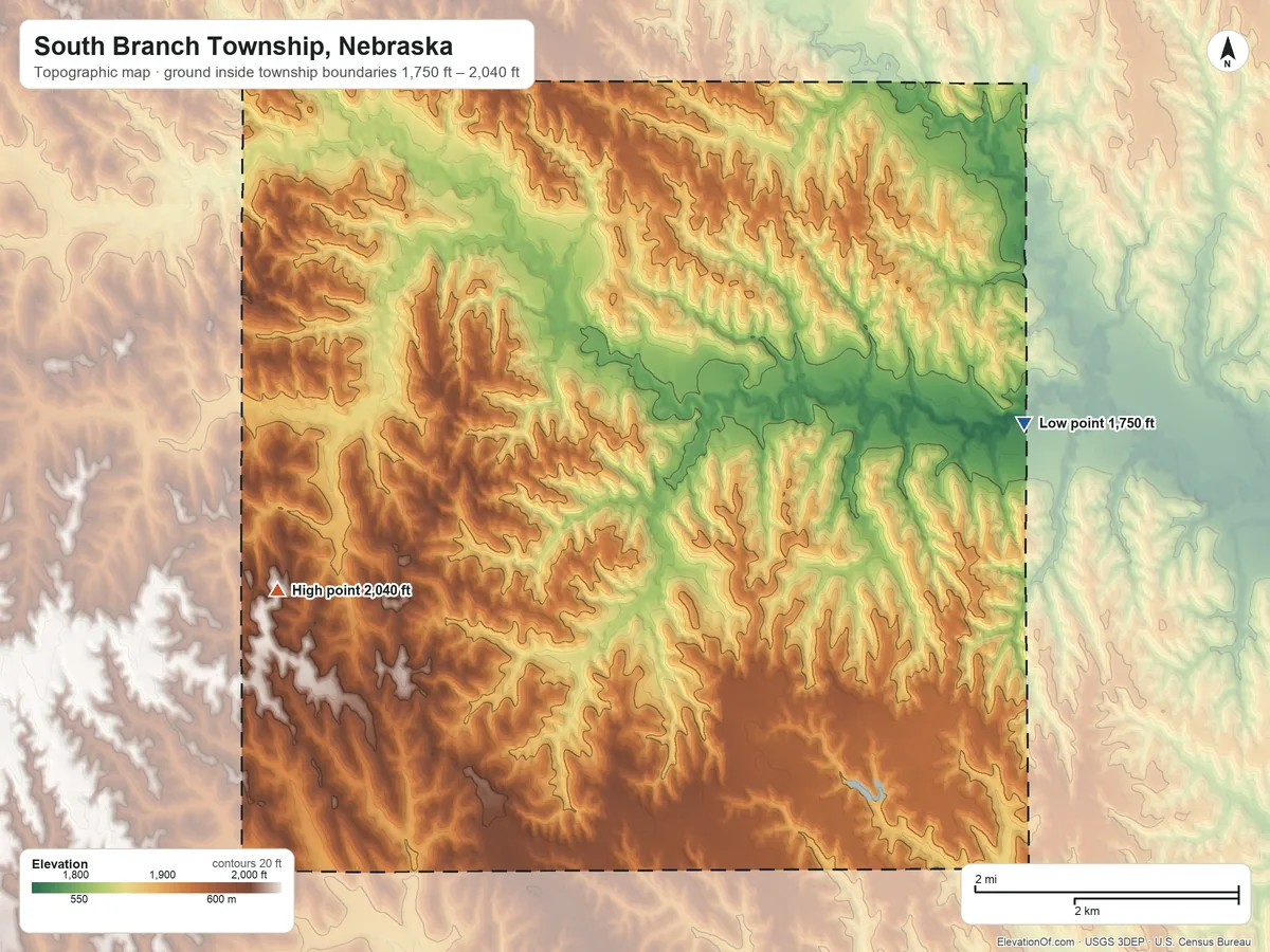 Topographic elevation map of South Branch Township, Nebraska, shaded from 1,750 ft on the east side to 2,040 ft on the southwest side
