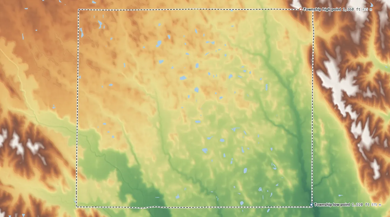 Topographic elevation map of South Cedar Township, Nebraska, shaded from 1,220 ft on the southeast side to 1,360 ft on the northeast side