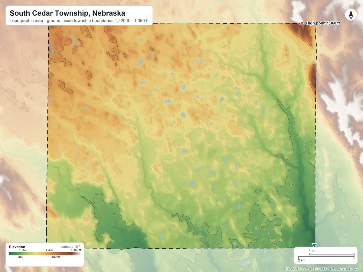 Topographic elevation map of South Cedar Township, Nebraska, shaded from 1,220 ft on the southeast side to 1,360 ft on the northeast side