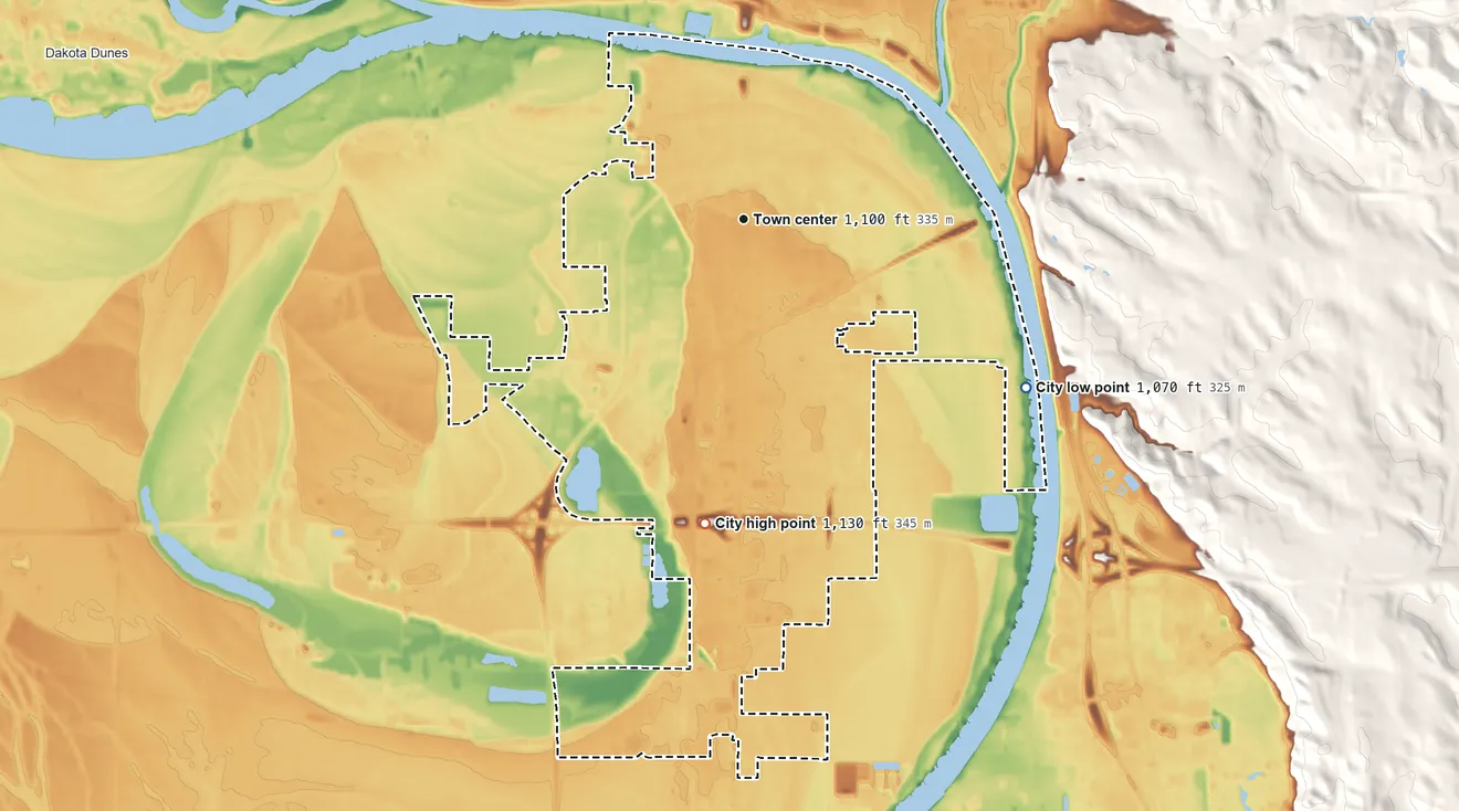 Topographic elevation map of South Sioux City, Nebraska, shaded from 1,070 ft on the southeast side to 1,130 ft on the south side