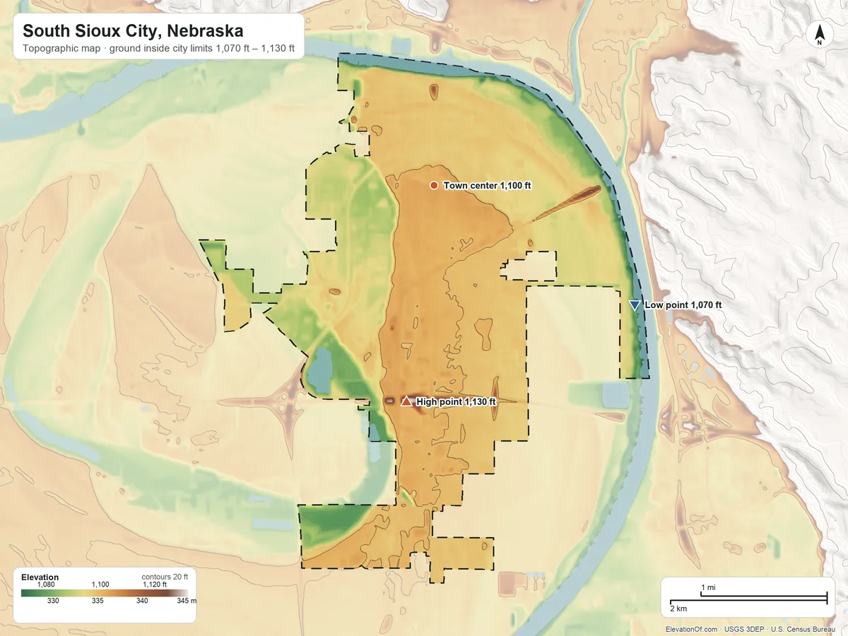 Topographic elevation map of South Sioux City, Nebraska, shaded from 1,070 ft on the southeast side to 1,130 ft on the south side