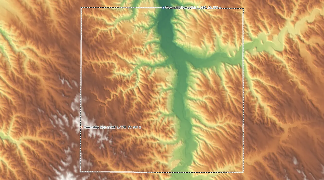 Topographic elevation map of Spade Township, Nebraska, shaded from 1,280 ft on the north side to 1,770 ft on the west side