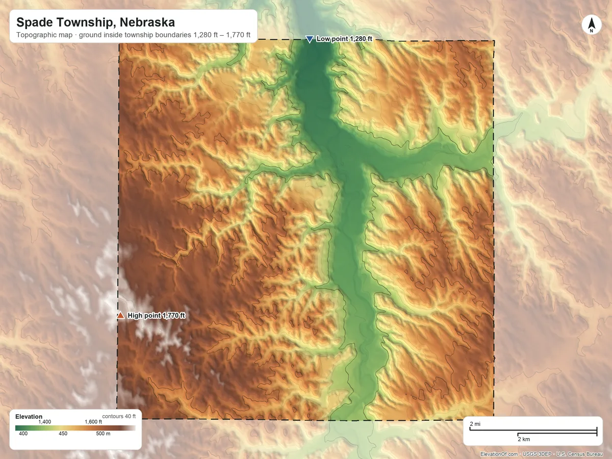 Topographic elevation map of Spade Township, Nebraska, shaded from 1,280 ft on the north side to 1,770 ft on the west side
