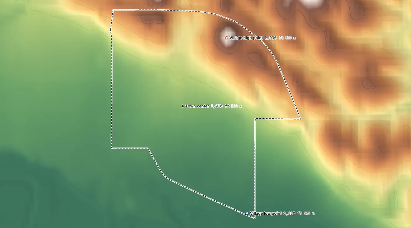 Topographic elevation map of Spalding, Nebraska, shaded from 1,880 ft on the southeast side to 2,030 ft on the northeast side