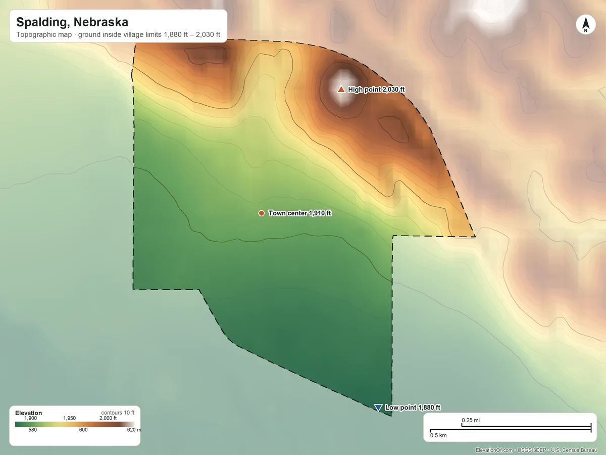 Topographic elevation map of Spalding, Nebraska, shaded from 1,880 ft on the southeast side to 2,030 ft on the northeast side