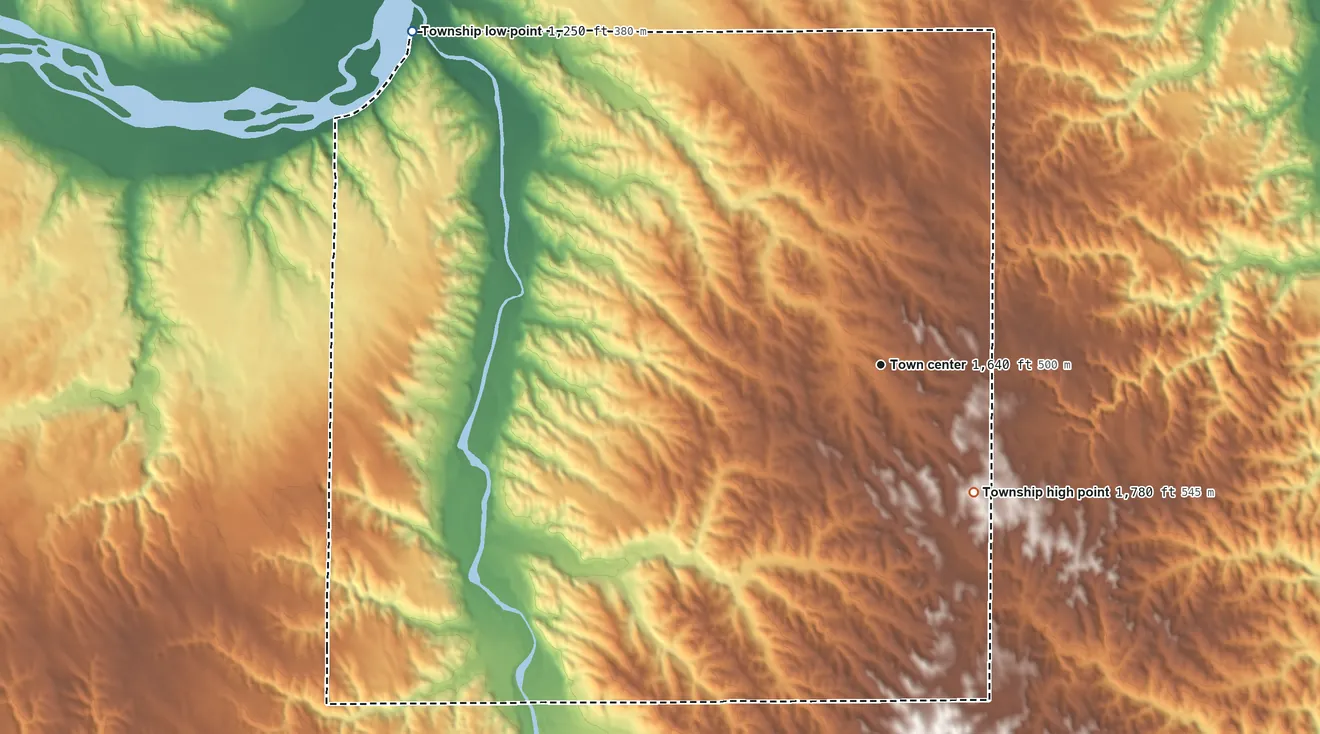 Topographic elevation map of Sparta Township, Nebraska, shaded from 1,250 ft on the northwest side to 1,780 ft on the southeast side