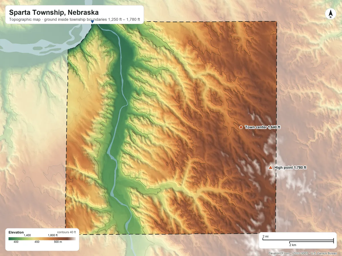 Topographic elevation map of Sparta Township, Nebraska, shaded from 1,250 ft on the northwest side to 1,780 ft on the southeast side
