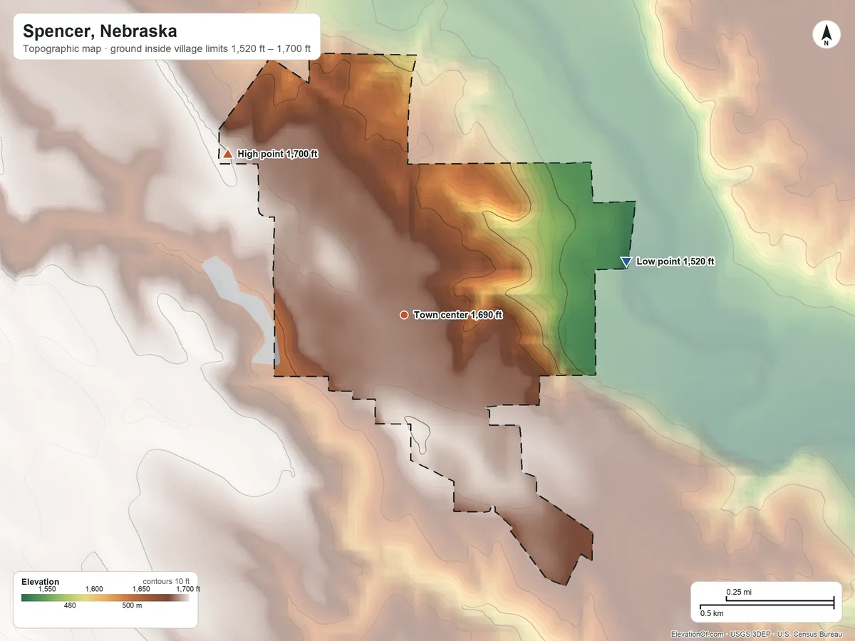 Topographic elevation map of Spencer, Nebraska, shaded from 1,520 ft on the east side to 1,700 ft on the northwest side
