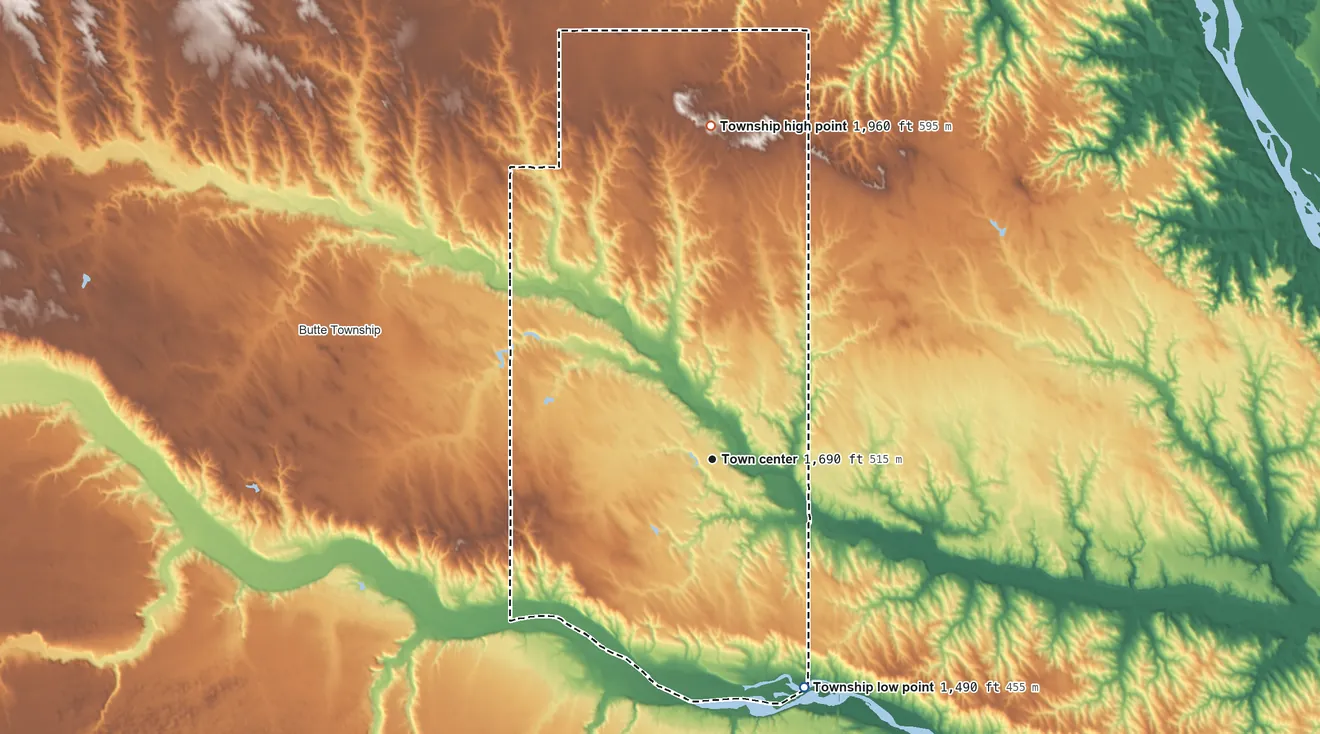 Topographic elevation map of Spencer Township, Nebraska, shaded from 1,490 ft on the south side to 1,960 ft on the north side