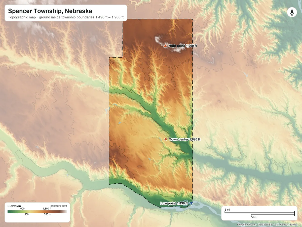 Topographic elevation map of Spencer Township, Nebraska, shaded from 1,490 ft on the south side to 1,960 ft on the north side