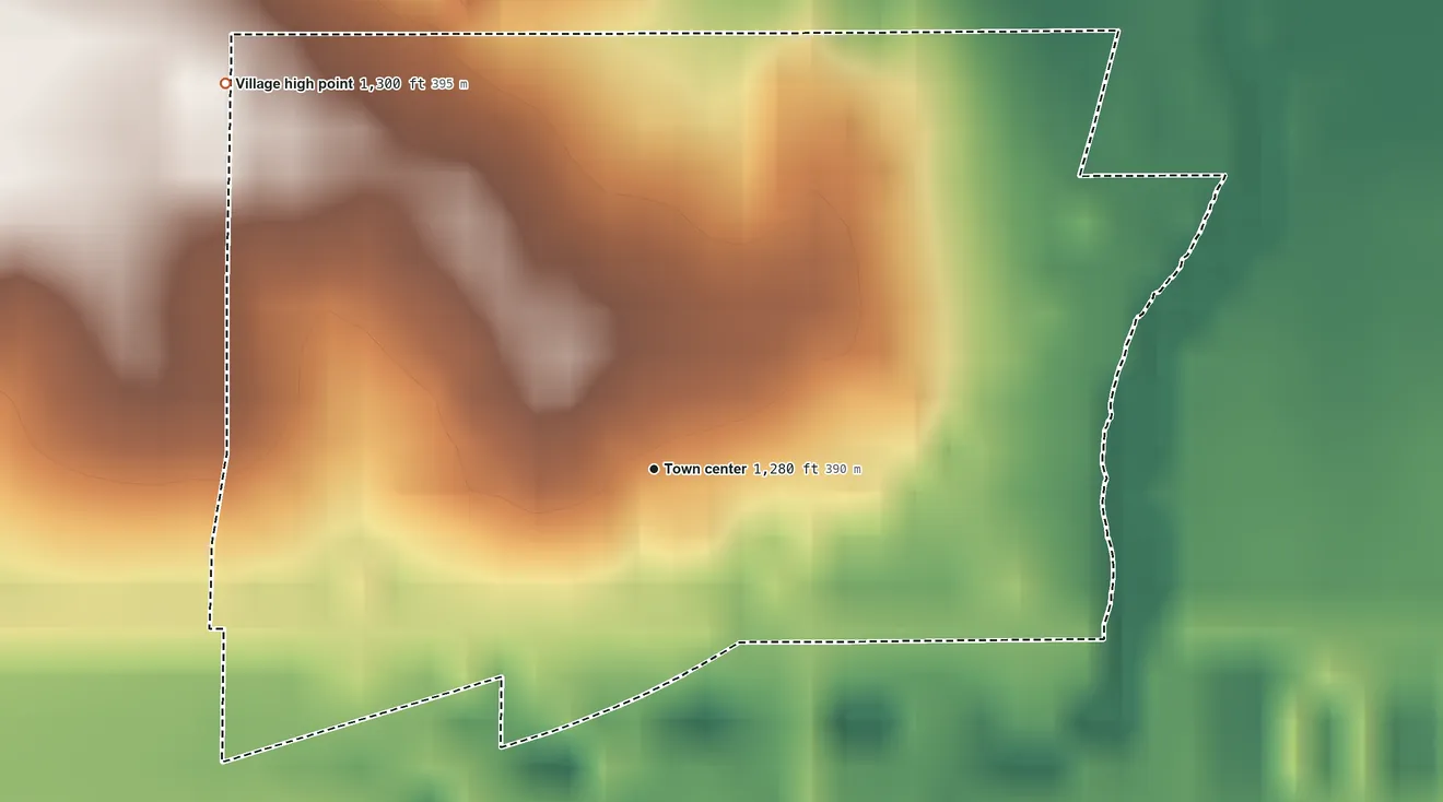 Topographic elevation map of Sprague, Nebraska, shaded from 1,250 ft on the northeast side to 1,300 ft on the northwest side