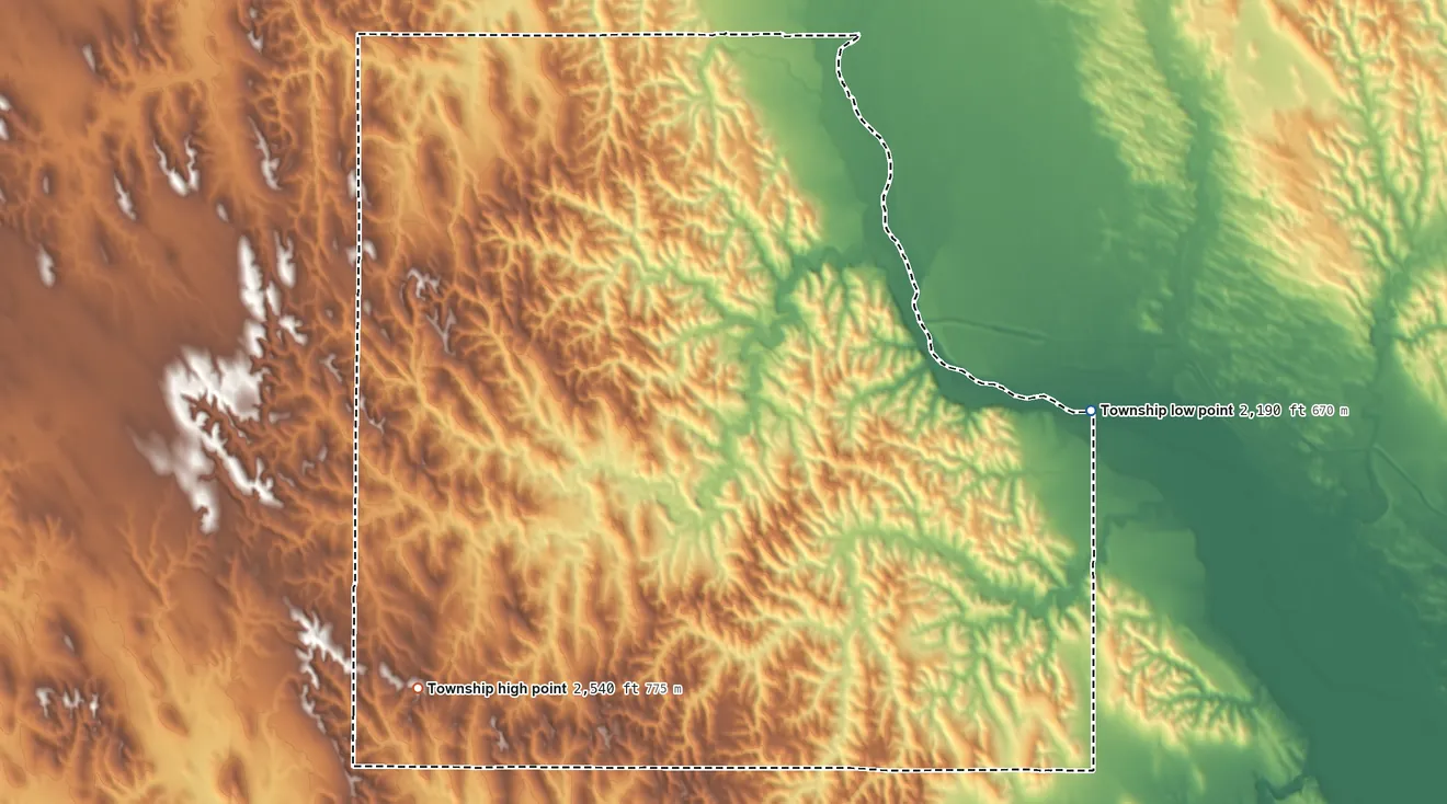 Topographic elevation map of Spring Creek Township, Nebraska, shaded from 2,190 ft on the southeast side to 2,540 ft on the southwest side