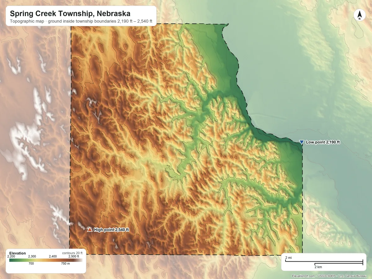 Topographic elevation map of Spring Creek Township, Nebraska, shaded from 2,190 ft on the southeast side to 2,540 ft on the southwest side