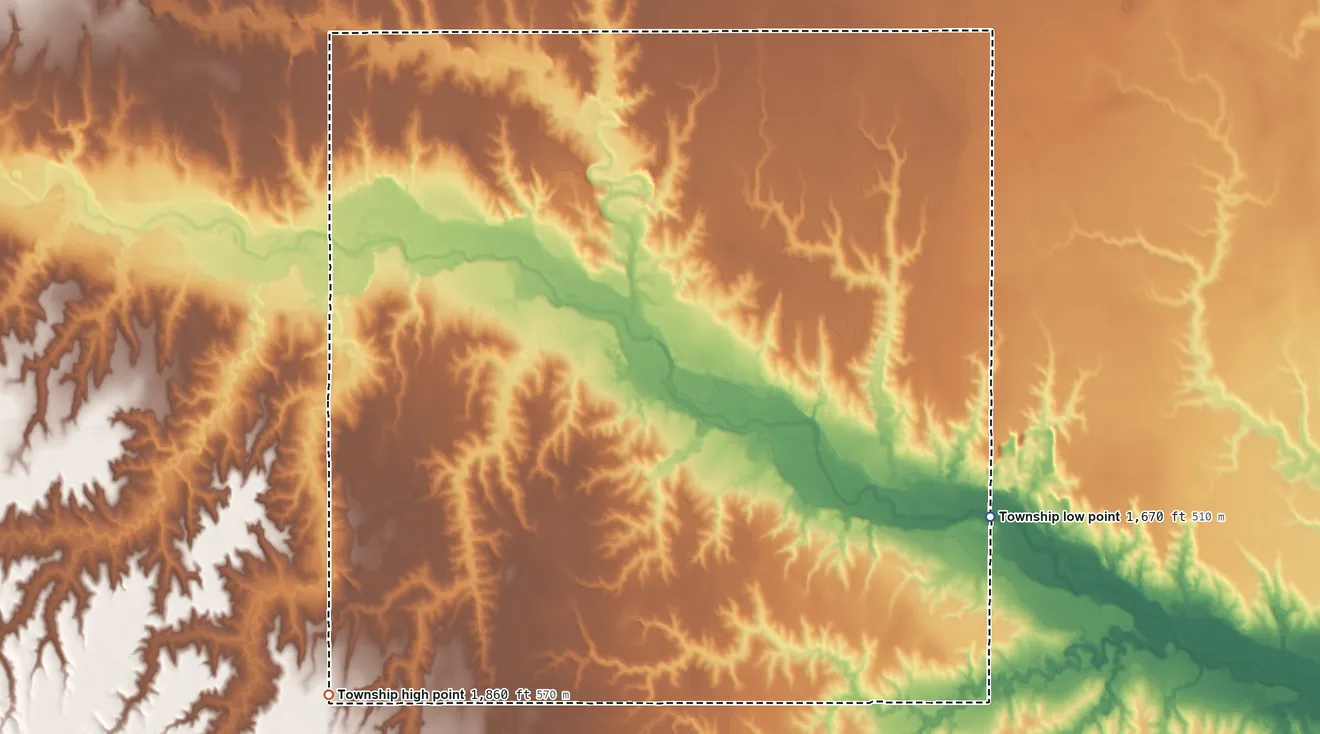 Topographic elevation map of Spring Ranch Township, Nebraska, shaded from 1,670 ft on the southeast side to 1,860 ft on the southwest side