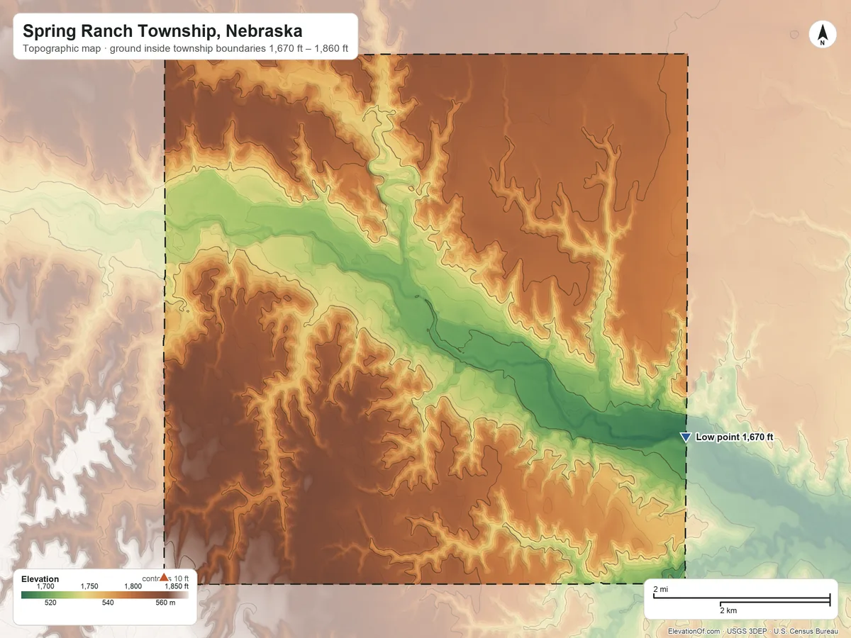 Topographic elevation map of Spring Ranch Township, Nebraska, shaded from 1,670 ft on the southeast side to 1,860 ft on the southwest side