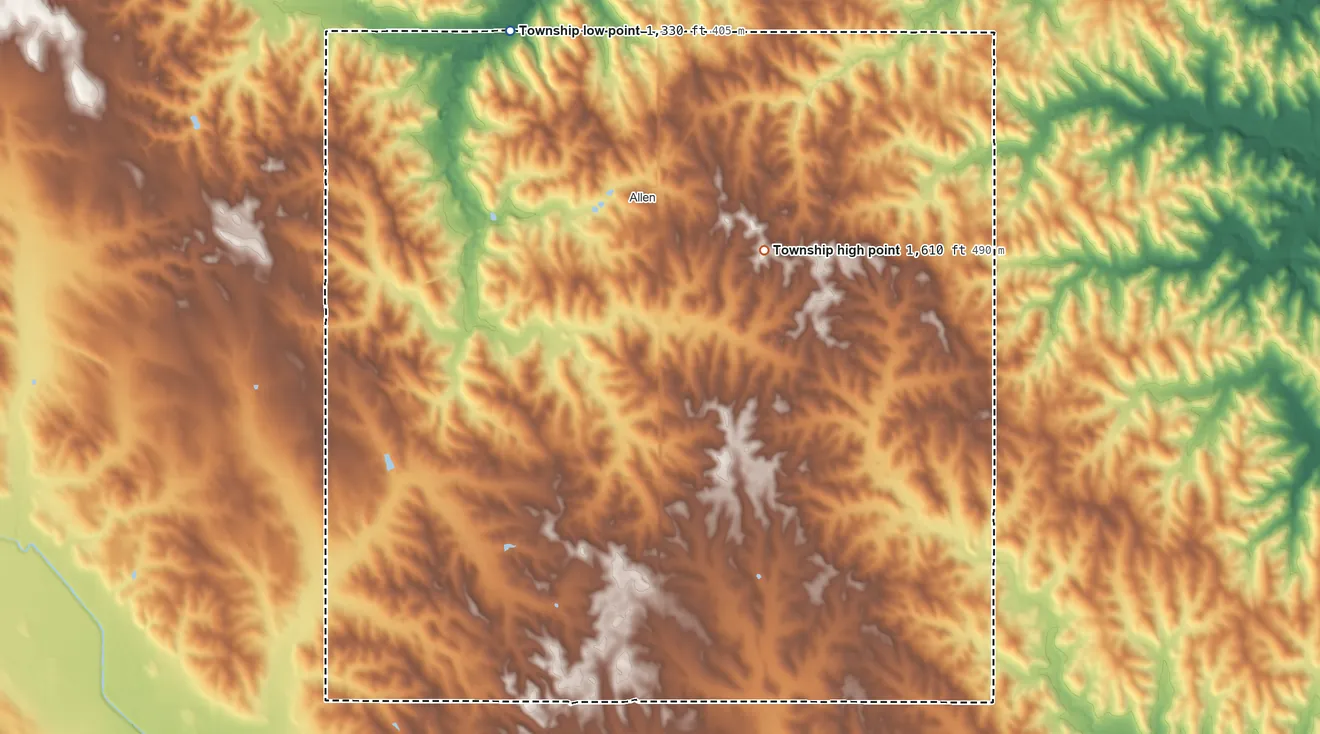 Topographic elevation map of Springbank Township, Nebraska, shaded from 1,330 ft on the northwest side to 1,610 ft on the east side