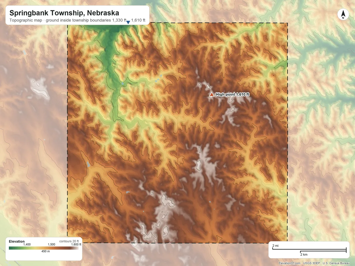 Topographic elevation map of Springbank Township, Nebraska, shaded from 1,330 ft on the northwest side to 1,610 ft on the east side