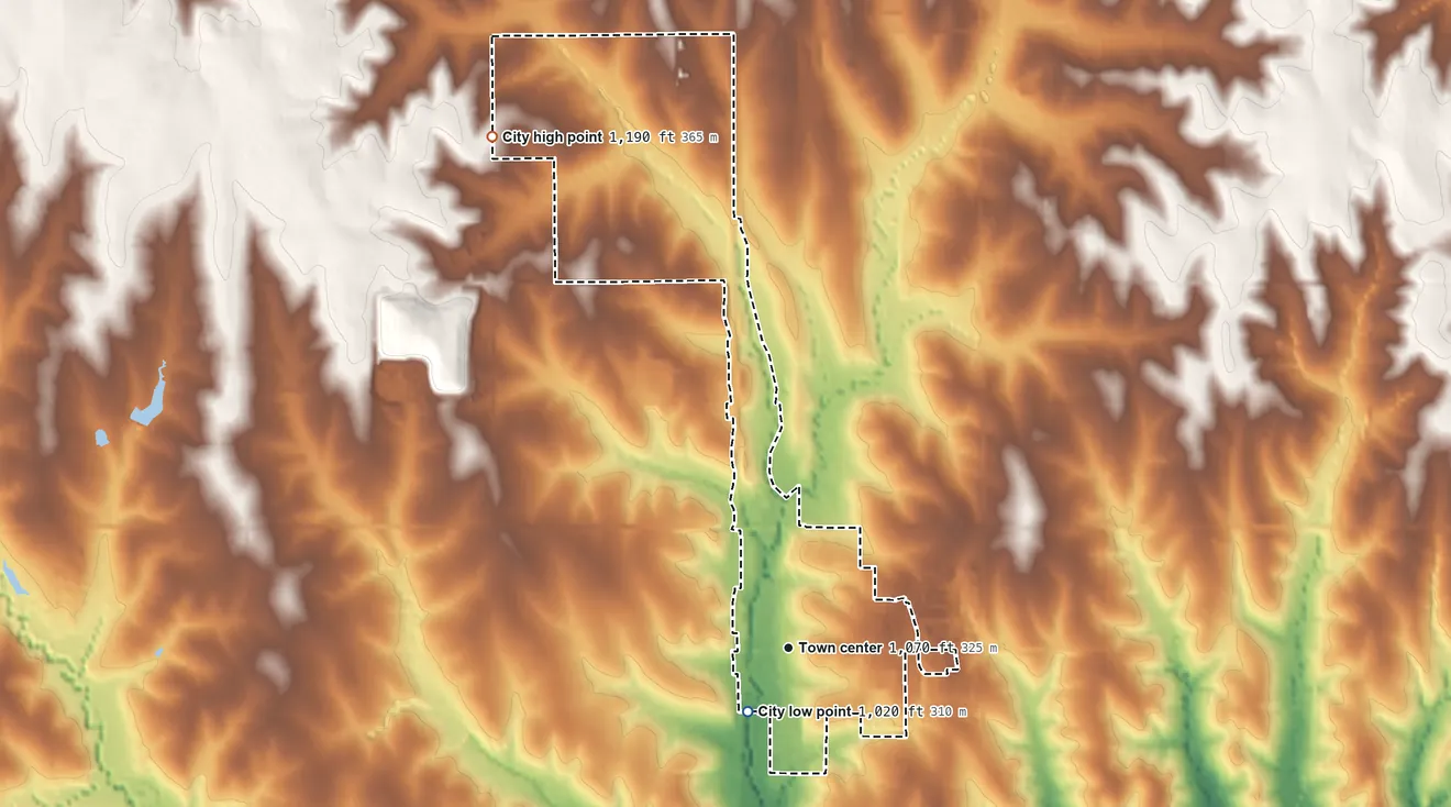 Topographic elevation map of Springfield, Nebraska, shaded from 1,020 ft near the middle to 1,190 ft on the northwest side