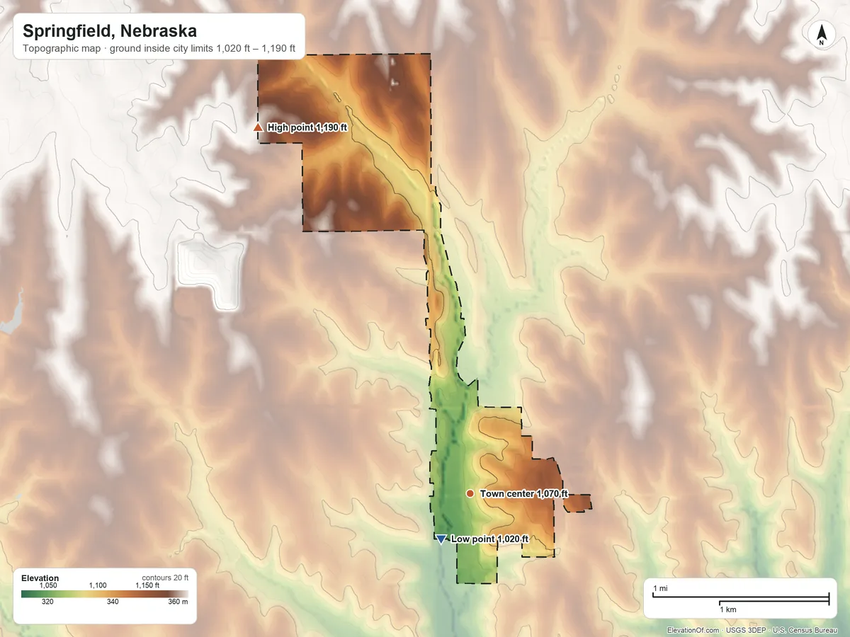 Topographic elevation map of Springfield, Nebraska, shaded from 1,020 ft near the middle to 1,190 ft on the northwest side