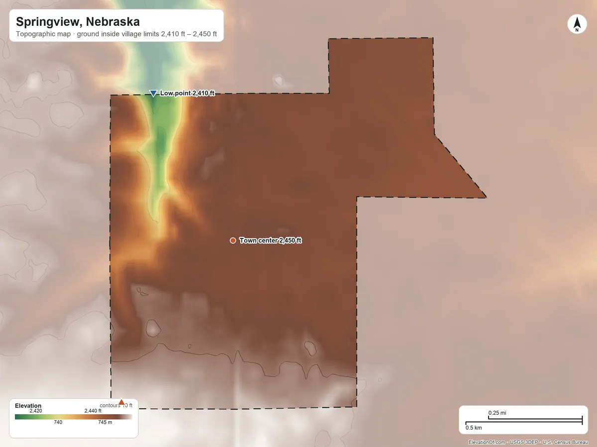 Topographic elevation map of Springview, Nebraska, shaded from 2,410 ft on the northwest side to 2,450 ft on the southwest side