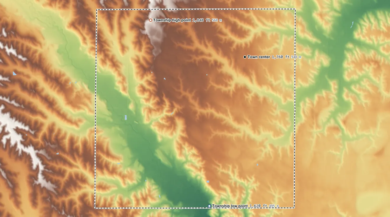 Topographic elevation map of St. Bernard Township, Nebraska, shaded from 1,620 ft on the south side to 1,840 ft on the west side