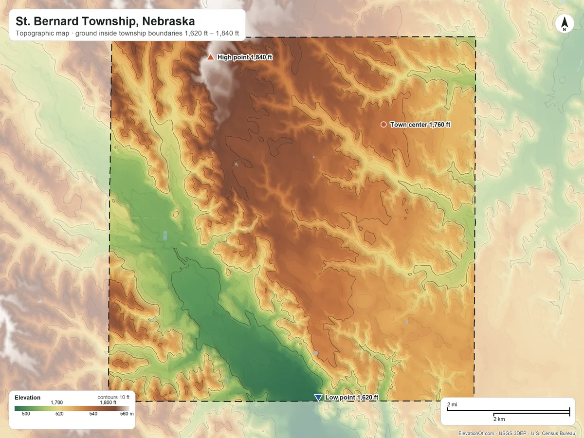 Topographic elevation map of St. Bernard Township, Nebraska, shaded from 1,620 ft on the south side to 1,840 ft on the west side